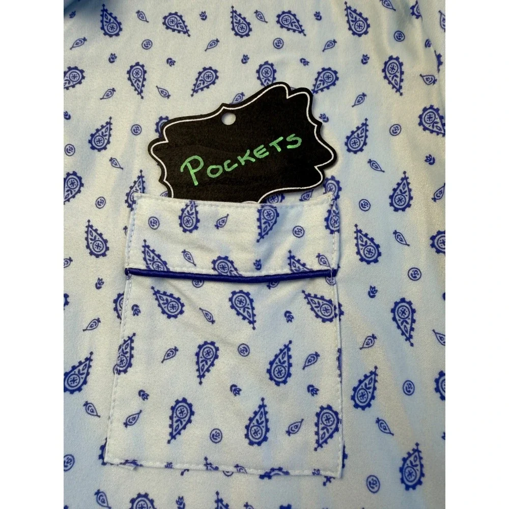 Blue Paisley Pajama Set 3x Short Sleeve Button Top Long Pants Sleepwear Lounge